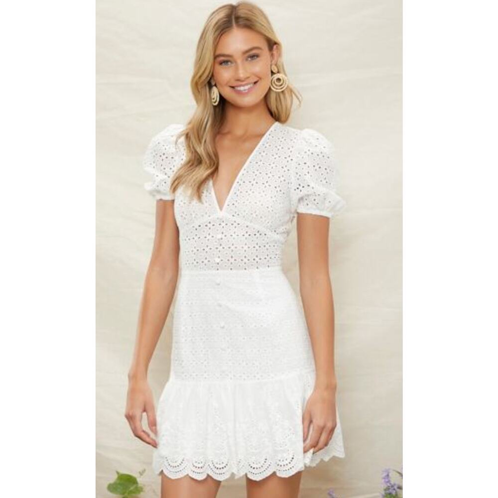 Women's Mini Dress She In White Cotton Puff Short Sleeve Size Medium